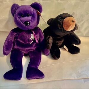 New! Ty Princess Diana Purple and Black Stuffed Bear Duo